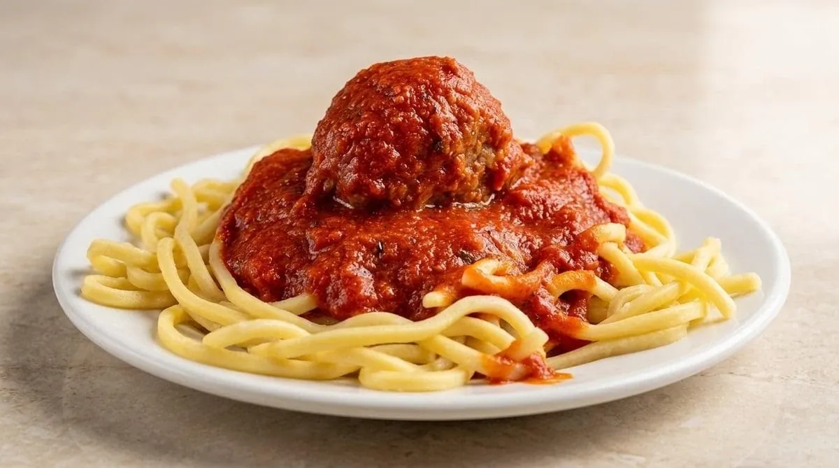 A plate of Romano's homemade spaghetti under red sauce with a single large meatball on top.